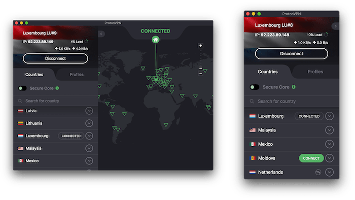 Interfaccia dell'app di Proton VPN