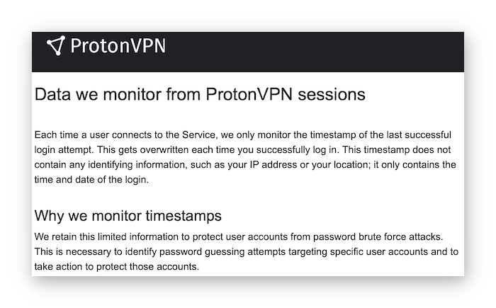 Estratto dall’Informativa sulla privacy di Proton VPN relativo ai log minimi.