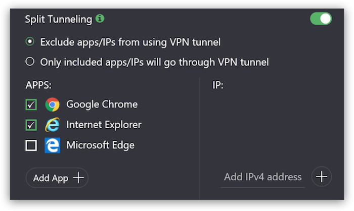Proton VPN's split tunneling setting interface