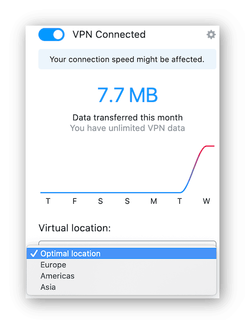 The Opera VPN interface displaying the available virtual locations
