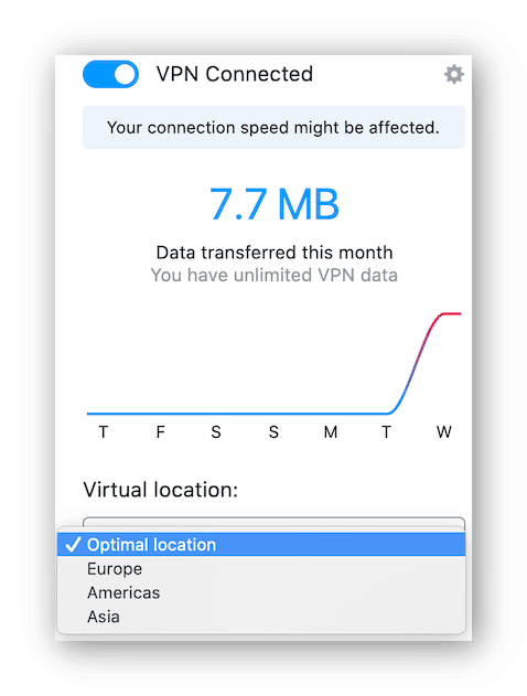 La interfaz de Opera VPN mostrando las localizaciones virtuales disponibles