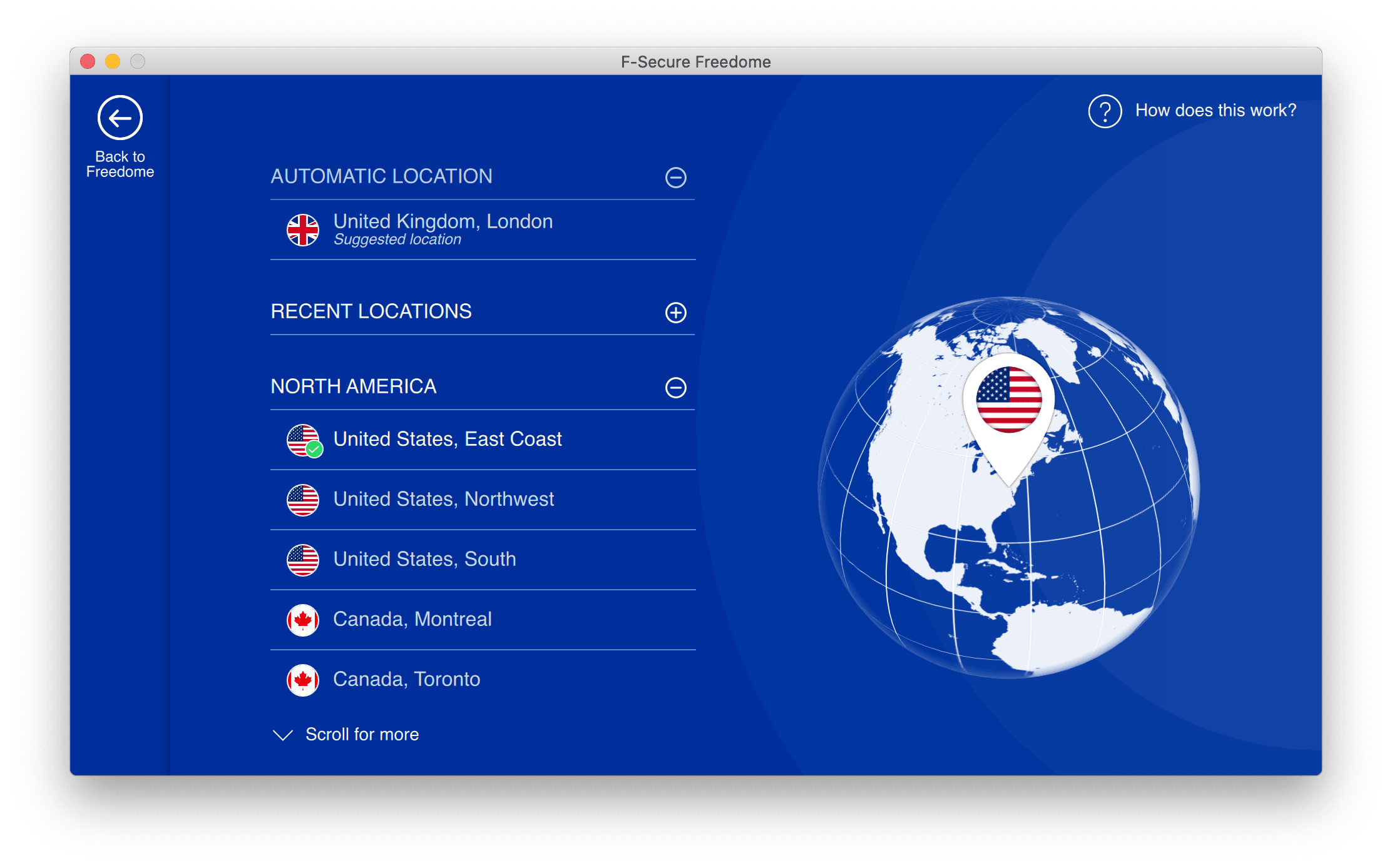 เครือข่ายเซิร์ฟเวอร์ Freedom VPN ในแอป macOS