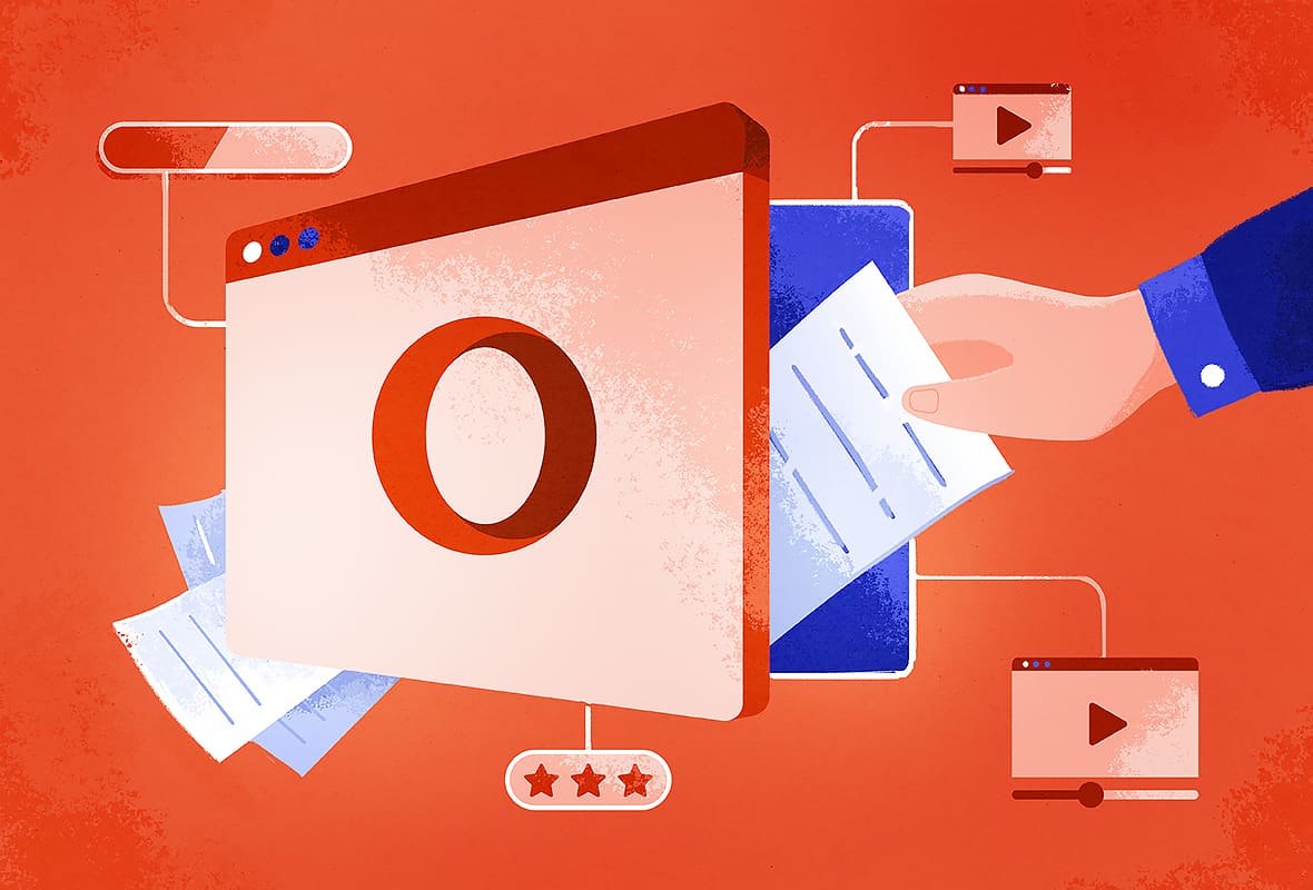 illustration of a hand putting documents into a safe branded with the Opera logo