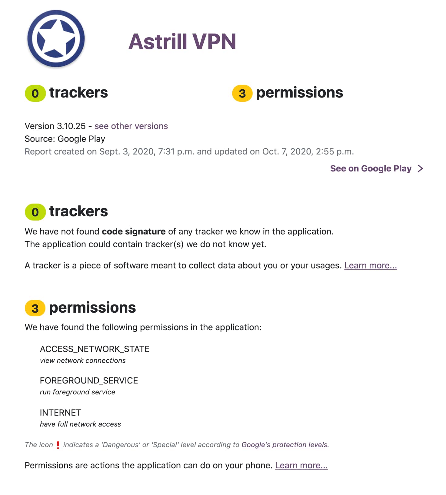 Astrill VPN su Android contiene zero tracker e richiede solo tre autorizzazioni.