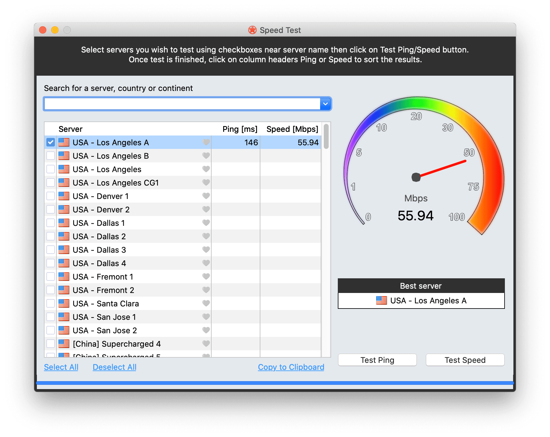 Captura de pantalla de las pruebas de velocidad de Astrill