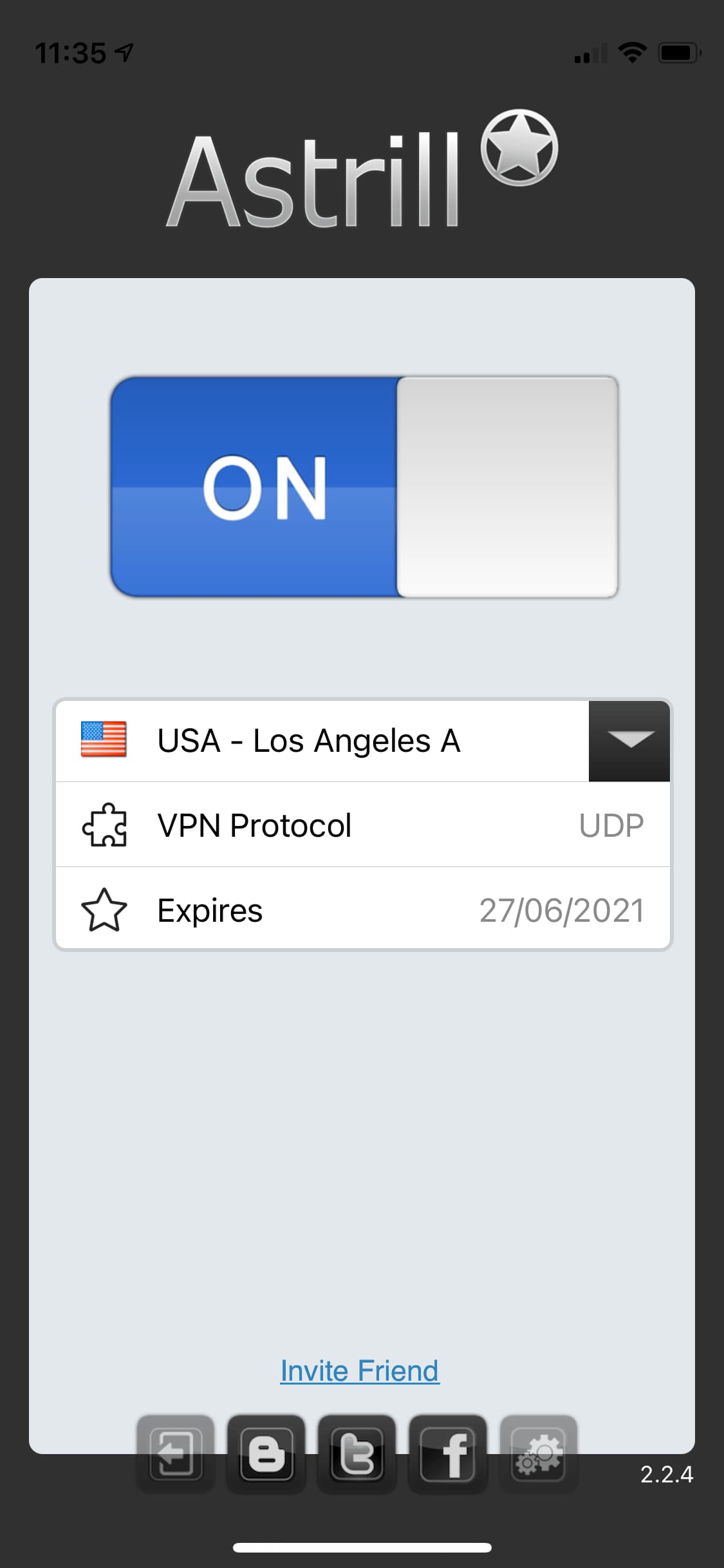 Captura de pantalla de la pantalla de inicio de la aplicación de Astrill para iOS