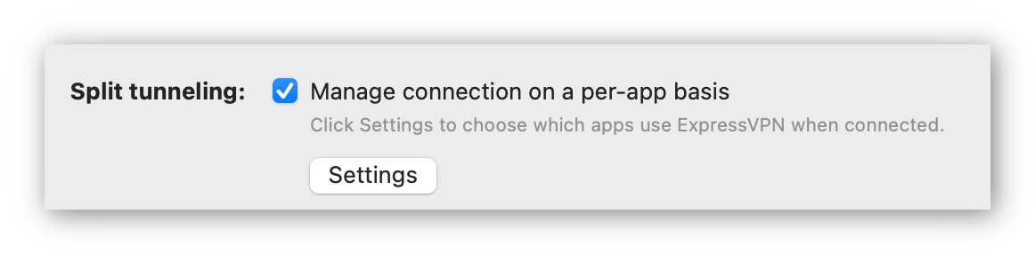 Capture d'écran du paramètre de tunneling divisé dans l'application de bureau ExpressVPN