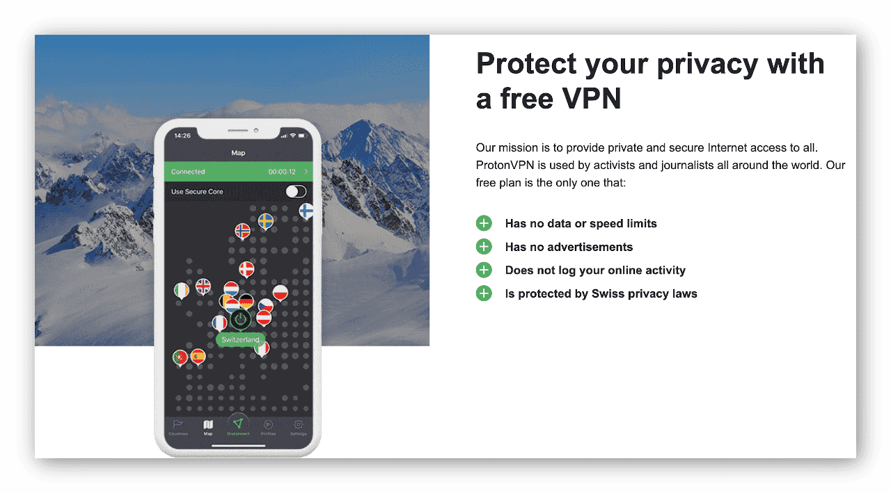 screenshot of Proton VPN Free's promotional advertising