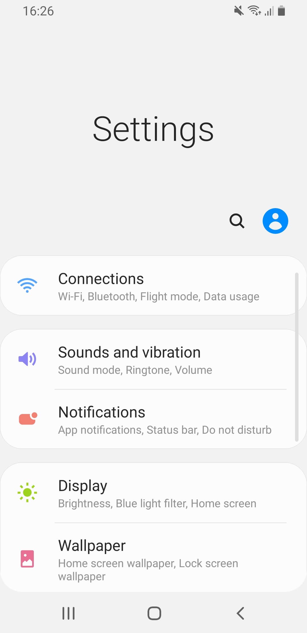 The main settings menu on Android OS