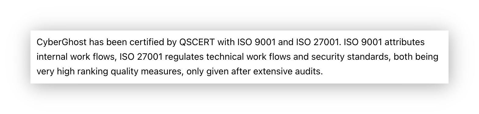 Schermata della certificazione ISO di Cyberghost