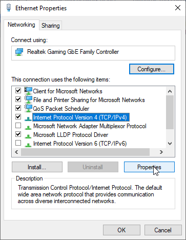 The Windows 10 internet connection properties menu
