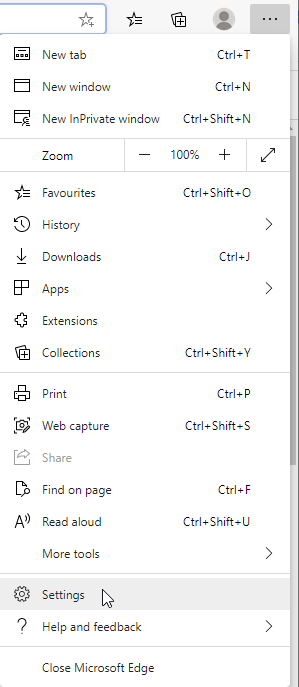 The main menu in Microsoft Edge browser