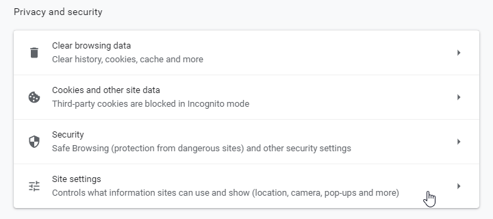 The privacy and security menu in Chrome
