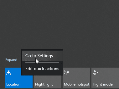 The Windows Action Centre Location item