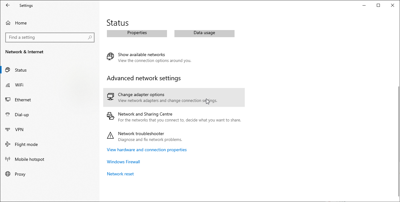 Windows 10 advanced network settings menu