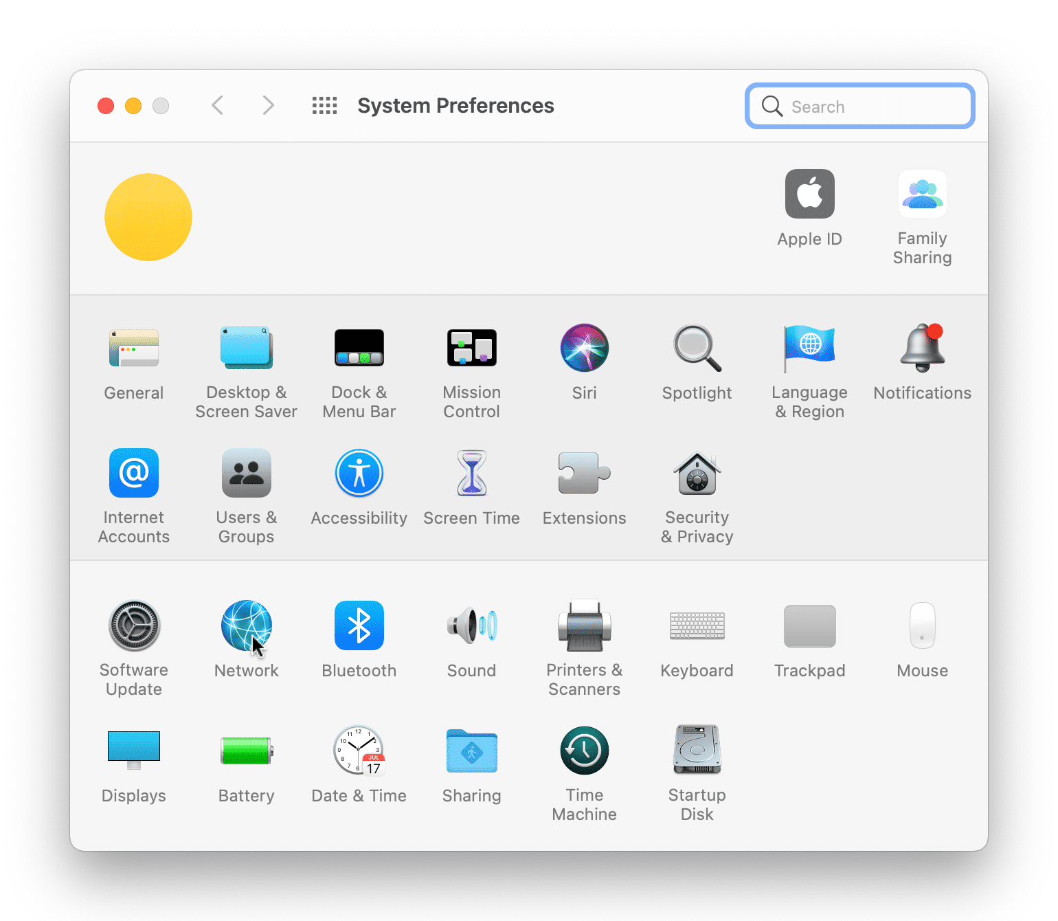 The System Preferences menu on MacOS