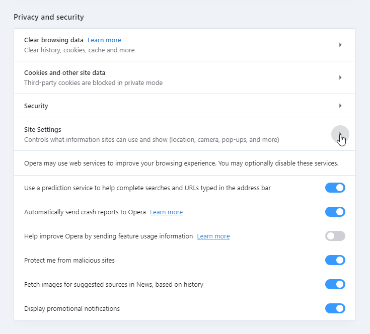 How to access site settings in Opera