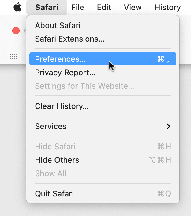 Where to find the Preferences menu in Safari