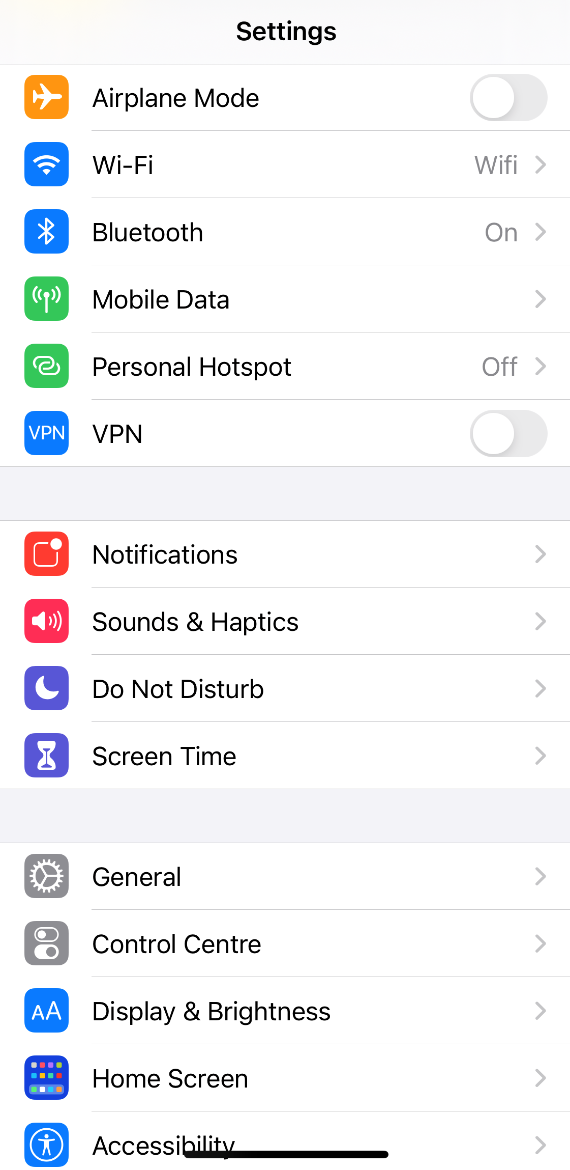 iOS settings menu