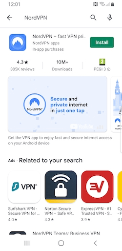 Zrzut ekranu przedstawiający wyniki wyszukiwania NordVPN w Google Play Store.
