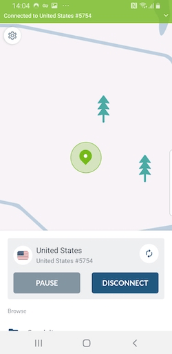 Zrzut ekranu przedstawiający aplikację NordVPN w systemie Android.