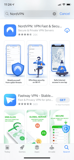 Screenshot showing the App Store results on iOS after searching 'NordVPN'.