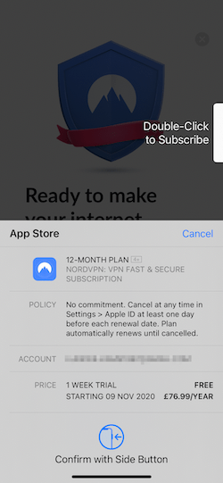 Schermata che mostra la finestra di autenticazione in iOS quando si scarica NordVPN.