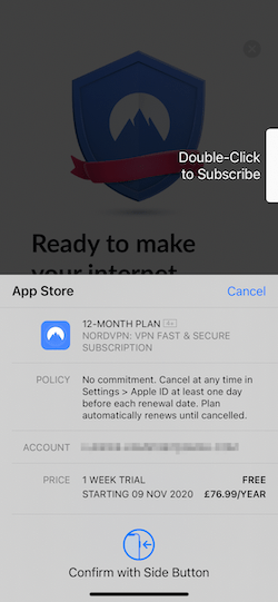 Zrzut ekranu przedstawiający ekran uwierzytelniania w systemie iOS podczas pobierania NordVPN.