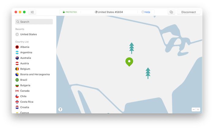 Captura de pantalla de la aplicación de NordVPN en Windows.