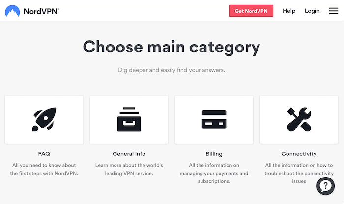 Capture d'écran montrant les options d'assistance à la clientèle de NordVPN.