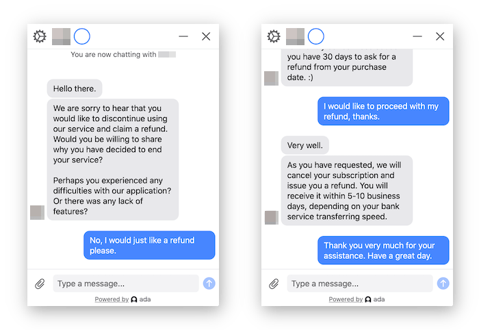 Schermafbeelding van een gesprek met de klantenservice van NordVPN na het verzoek om je geld terug te ontvangen.