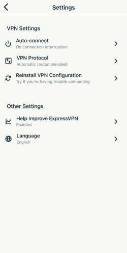 Panel de configuración de ExpressVPN en iOS