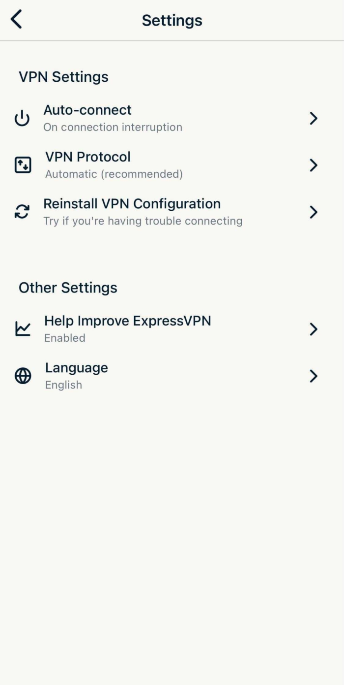 The ExpressVPN settings menu in the iOS application