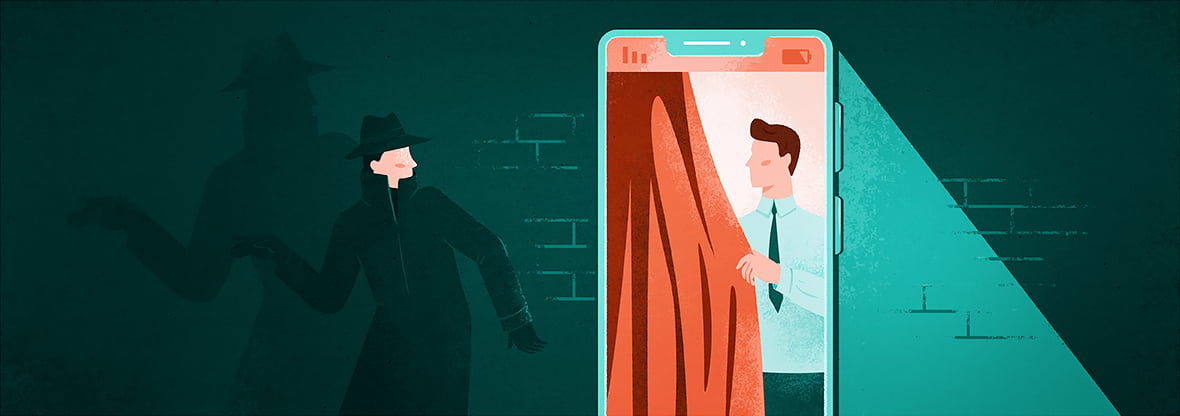 Ilustracja przedstawiająca mężczyznę próbującego ukryć swoją aktywność na telefonie przed skradającym się szpiegiem