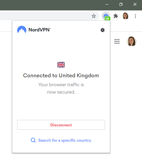 A screenshot of the NordVPN Google Chrome browser extension