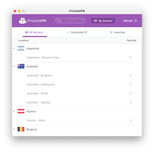 PrivateVPN's server list
