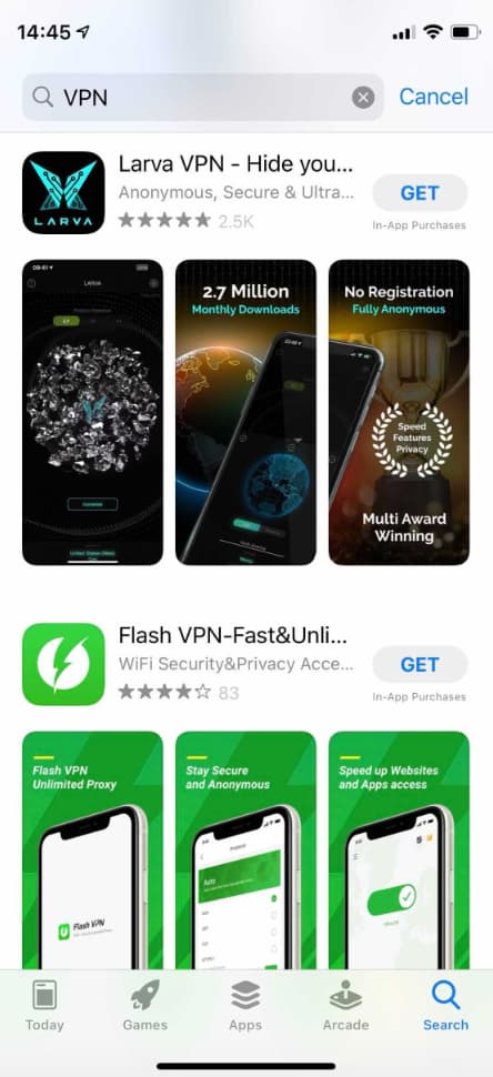 The iOS App Store results when searching for VPNs