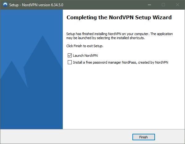 Pantalla final del asistente de instalación de Windows 10 para NordVPN.
