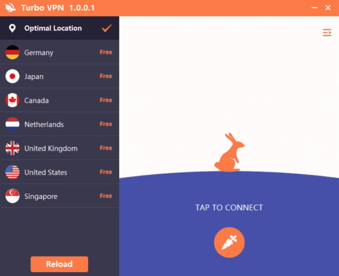 The Turbo VPN client for Windows