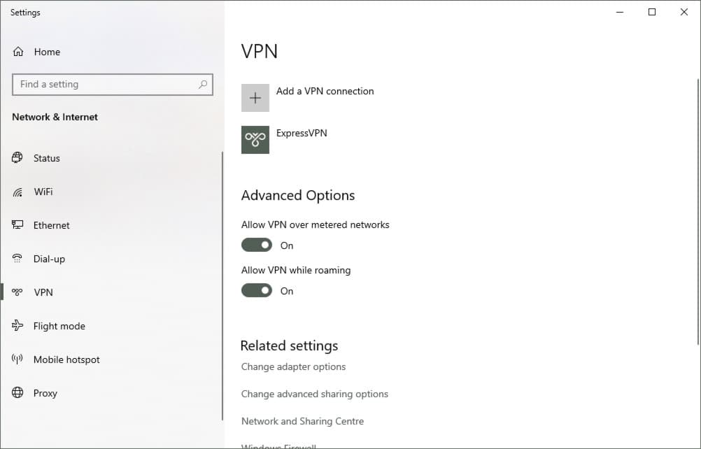 The VPN settings screen within Windows 10