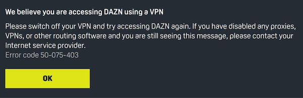 DAZN qeydiyyatda bir VPN-i aşkar edərkən görünən səhv mesajı