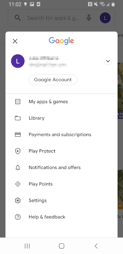 Screenshot of the account settings in the Google Play Store