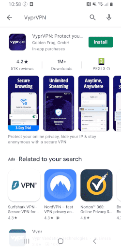 Captura de pantalla de la aplicación VyprVPN en Google Play Store.