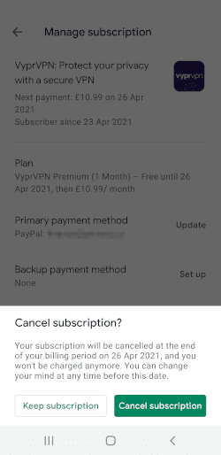 Screenshot of how to cancel your VyprVPN free trial subscription on Android