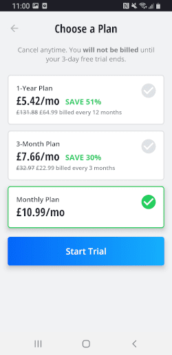 Screenshot of the different VyprVPN payment plans on Android