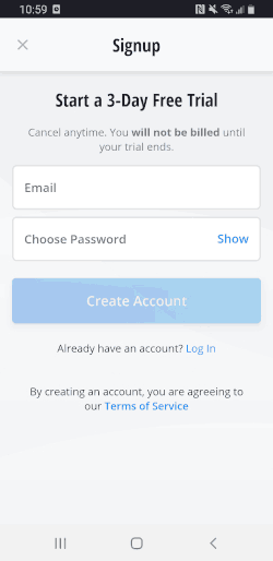Screenshot of VyprVPN's sign-up screen on Android