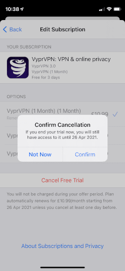 Screenshot of the VyprVPN free trial cancellation page on iPhone