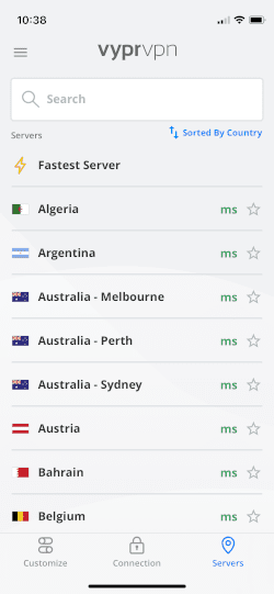 Captura de pantalla de la lista de servidores de la aplicación VyprVPN para iOS