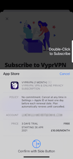 Captura de pantalla del aviso de suscripción de VyprVPN para iOS