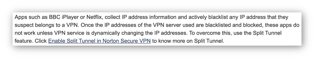 screenshot of Norton VPN's advice for streaming